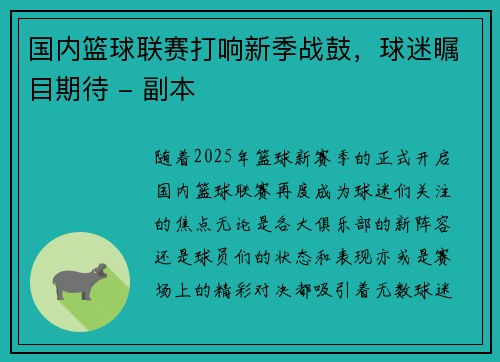 国内篮球联赛打响新季战鼓，球迷瞩目期待 - 副本